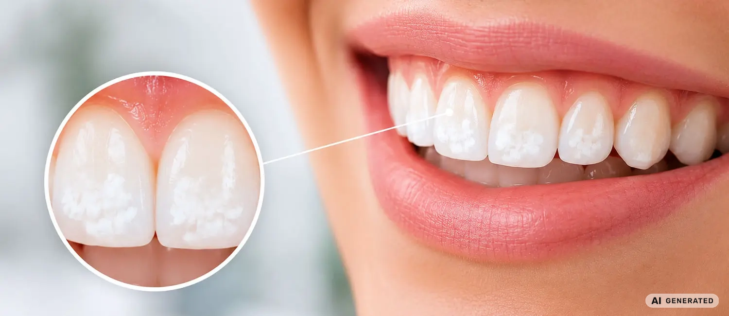 white-spots-weisse-Flecken-Zaehne Weiße Flecken Zähne - Ansicht von Zähnen mit White Spots - lächelnder Mund AI generated